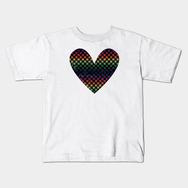 80s Checkered Rainbow Heart Kids T-Shirt by Pinkazoid